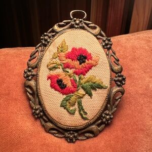 Vintage Floral Mini Crewel Embroidered Decor in Ornate Metal Frame 2.5” x 3.5”